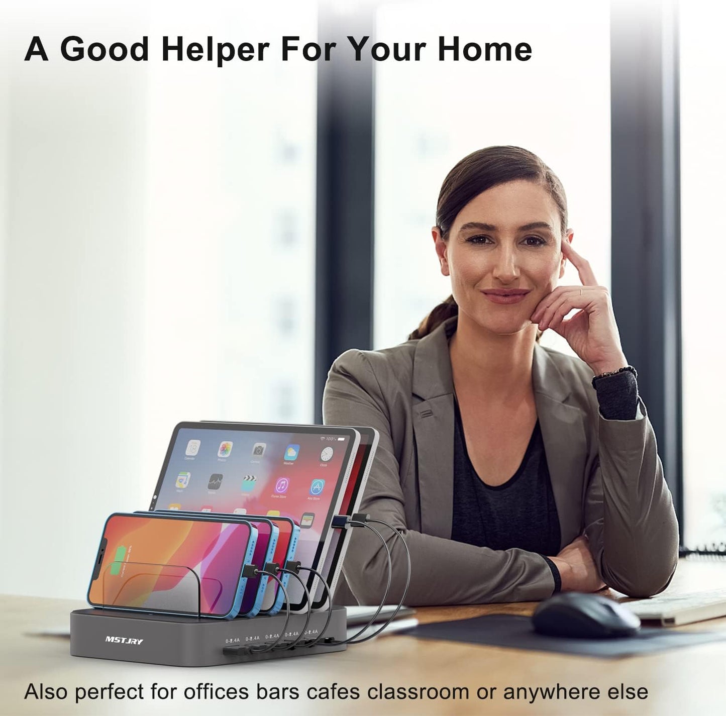 Charging Station for Multiple Devices, 5 Port Multi USB-A Charger Station with Power Switch Designed for Iphone Ipad Cell Phone Tablets (Gray, 7 Mixed Short Cables Included)